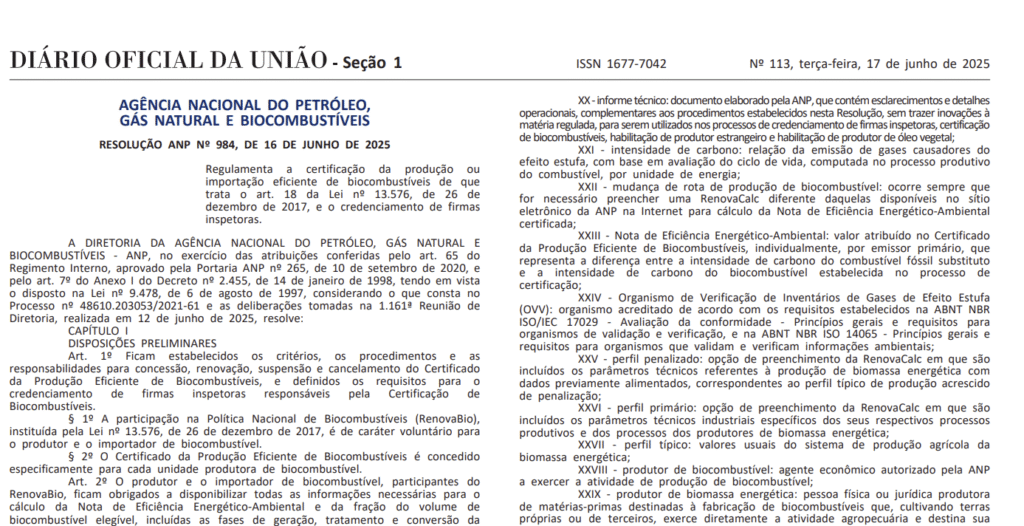 Resolução 986 ANP RenovaBio no DOU