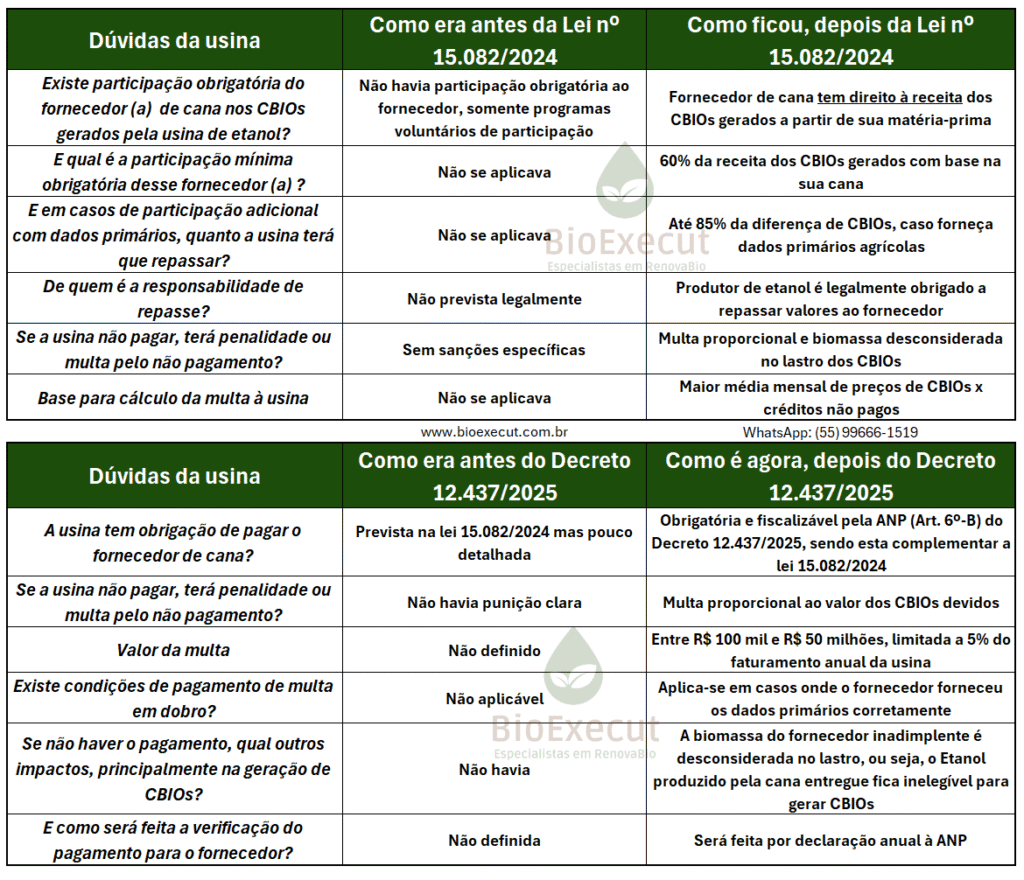 Tabela resumo sobre as legislações de repasse de CBIO ao fornecedor de Cana