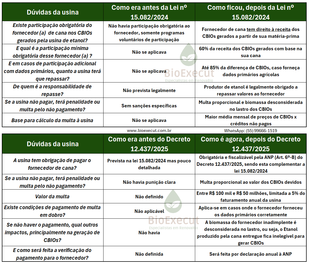 Tabela resumo sobre as legislações de repasse de CBIO ao fornecedor de Cana
