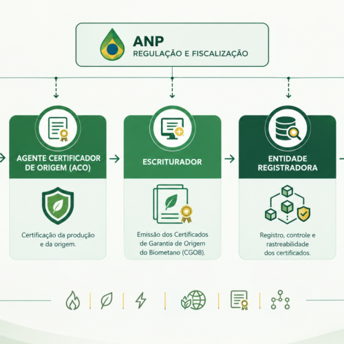 Fluxo de emissão do Certificado de Garantia de Origem do Biometano envolvendo ACO, Escriturador, Entidade Registradora e ANP.