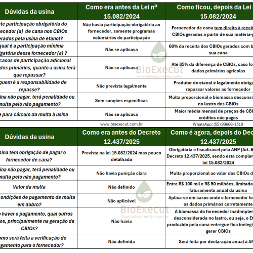 Tabela resumo sobre as legislações de repasse de CBIO ao fornecedor de Cana